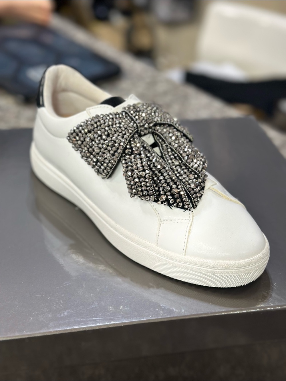 INC International Concepts White Leather Sneakers with Gunmetal Crystal Bow